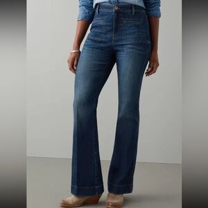 J Jill High Rise Flare Jeans Women 8 Tremont Dark Wash Patch Pocket Boho Stretch